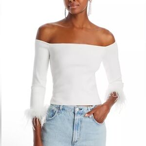 New! Lucy Paris White Feather-Trimmed Women's Top